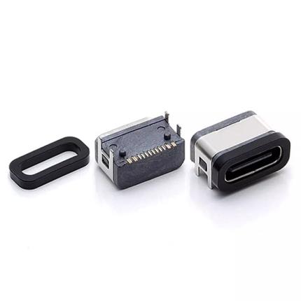 Waterproof IPX7 USB Type-C 16Pin Female Connector Right Angle with Post