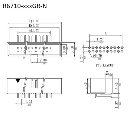 R6710-xxxGR-N｜規格尺寸圖｜1.27mm 90°簡易牛角座