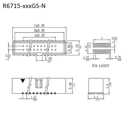 R6715-xxxGS-N｜規格尺寸圖｜1.27mm SMT簡易牛角座