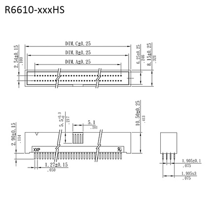R6610-xxxHS｜規格尺寸圖1｜1.27mm SMT簡易牛角座