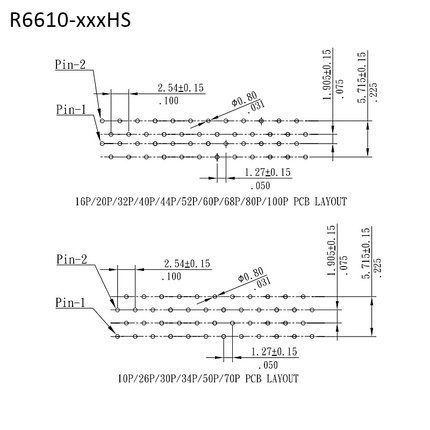 R6610-xxxHS｜規格尺寸圖2｜1.27mm SMT簡易牛角座