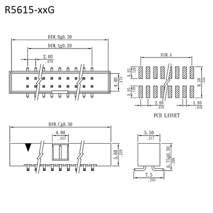 R5615-xxG｜規格尺寸圖｜2.00mm SMT簡易牛角座