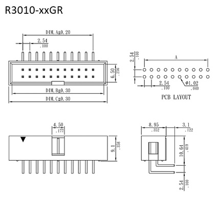 R3010-xxGR&#xFF5C;規格尺寸圖&#xFF5C;2.54mm 90&#xB0;簡易牛角座