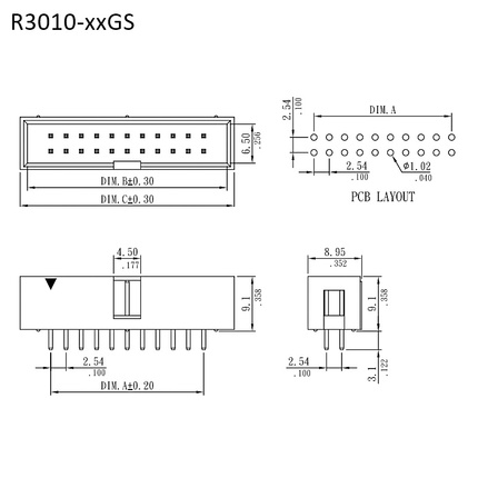 R3010-xxGS&#xFF5C;規格尺寸圖&#xFF5C;2.54mm 180&#xB0;簡易牛角座