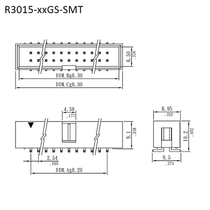 R3015-xxGS-SMT｜規格尺寸圖1｜2.54mm SMT簡易牛角座