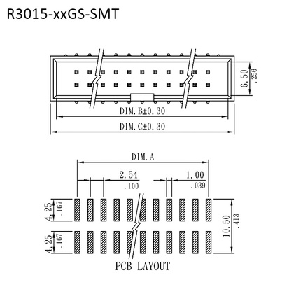 R3015-xxGS-SMT｜規格尺寸圖2｜2.54mm SMT簡易牛角座
