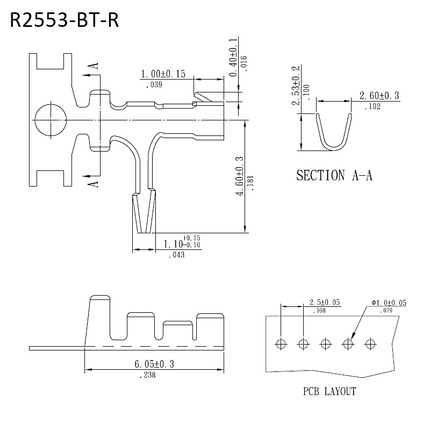 R2553-BT-R｜Outline Drawing｜2.50mm 90° Board-in Crimp Terminal