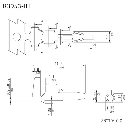 R3953-BT｜Outline Drawing-1｜3.96mm Board-in Crimp Terminal