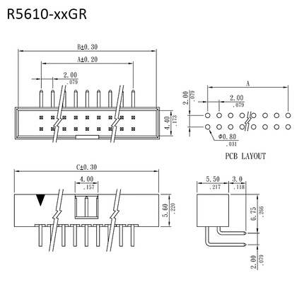 R5610-xxGR｜Umrisszeichnung｜2,00 mm 90°-Kastenstecker