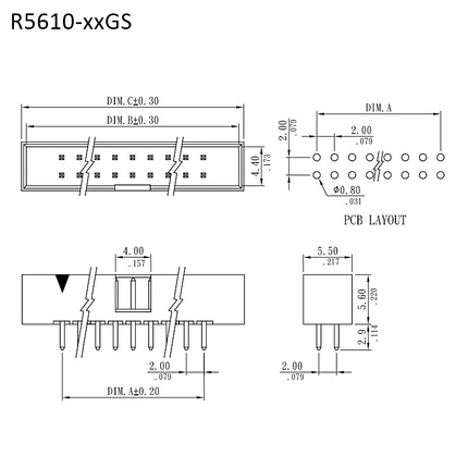 R5610-xxGS｜Umrisszeichnung｜2,00 mm 180°-Kastenstecker
